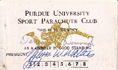 Purdue Sports Parachute Club Membrship Card